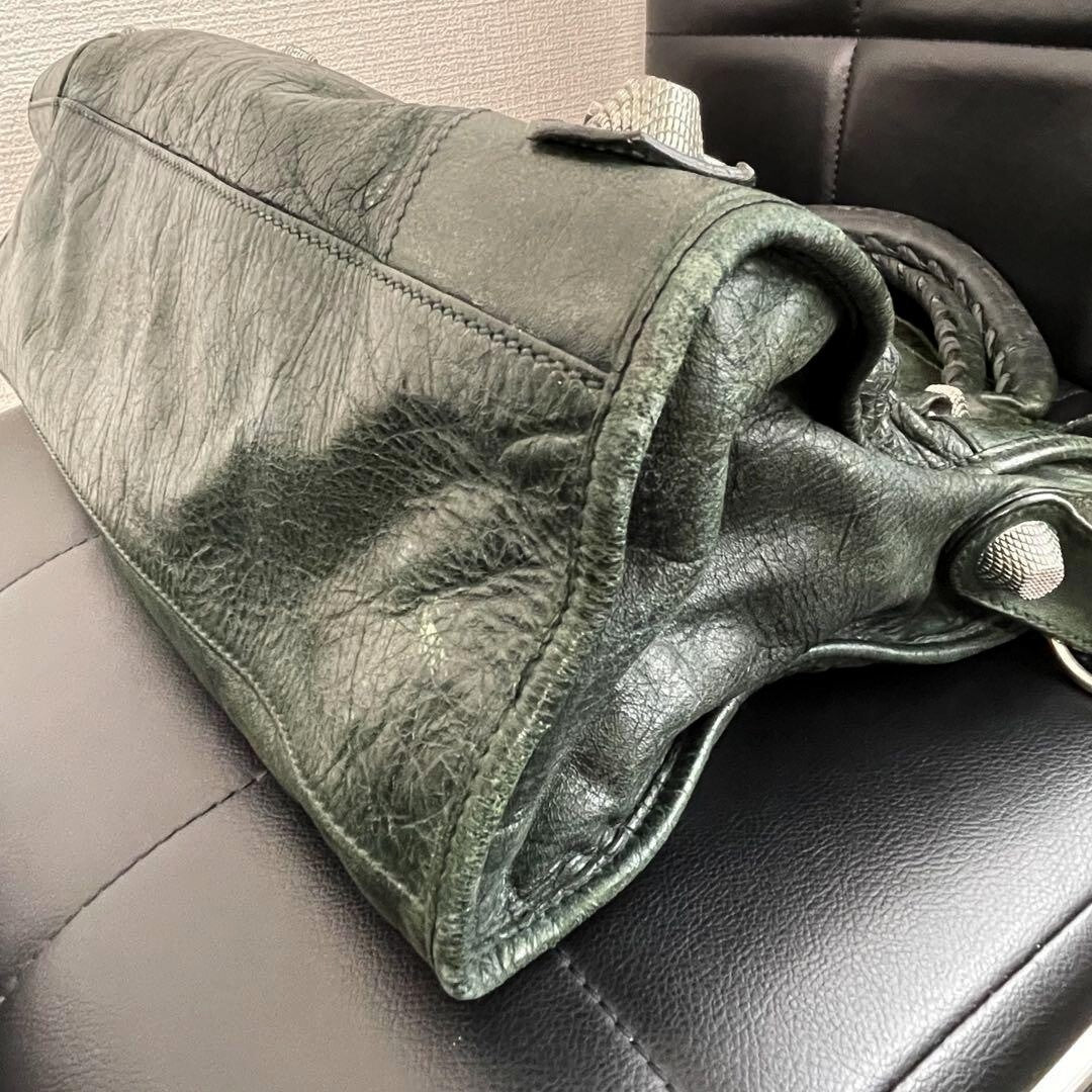 ๐ Authentic Balenciaga Giant City 2Way Handbag Shoulder Green Leather & Silver w/strap Pre-owned ๐