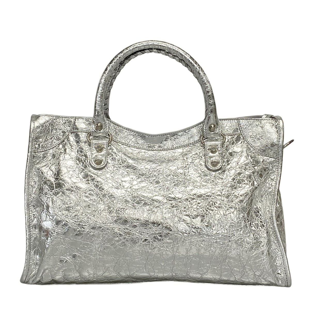 🌟 Authentic BALENCIAGA Le City Medium 797786 Silver Arena Lambskin - Handbag Pre-owned 🌟