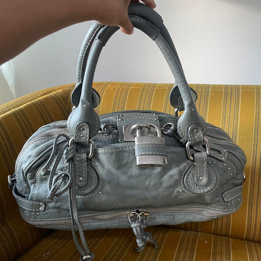 🌟 Authentic Vintage Chloé Paddington Zippy Satchel Bag in Grey Blue Leather Pre-owned 🌟