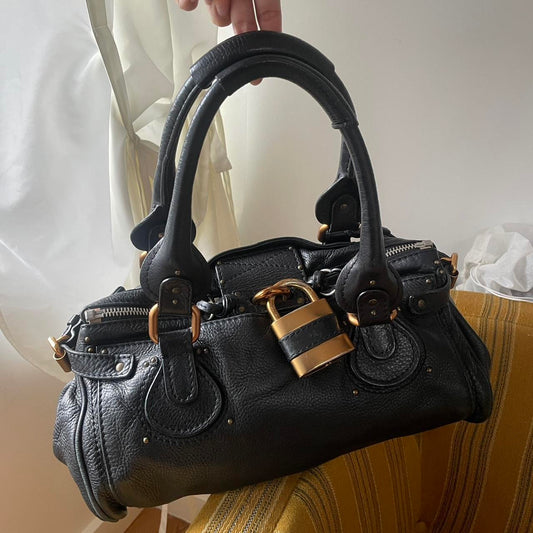 🌟 Authentic Vintage Classic Regular Size Black Leather Chloé Paddington Bag with Brass-toned Hardware Pre-owned 🌟