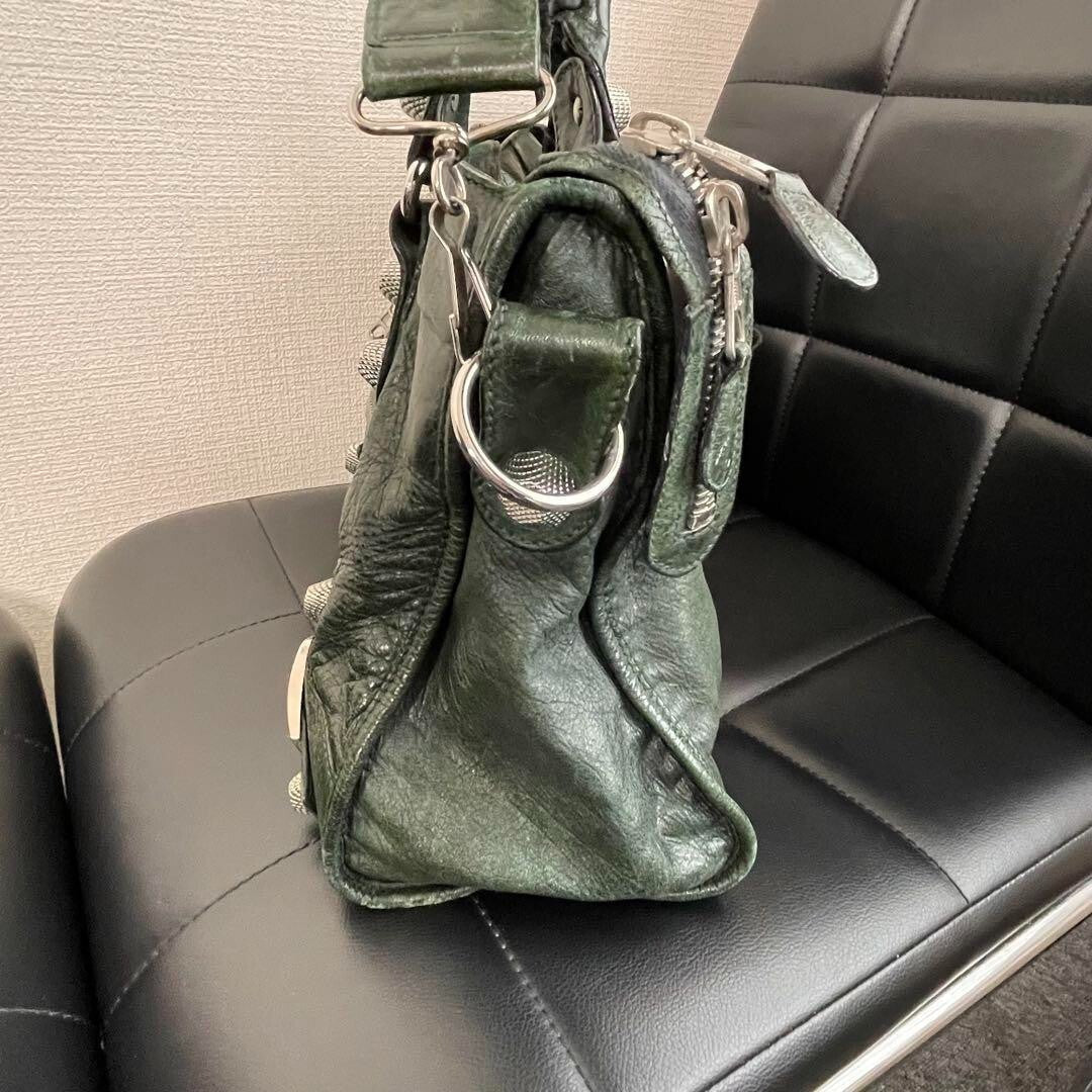 🌟 Authentic Balenciaga Giant City 2Way Handbag Shoulder Green Leather & Silver w/strap Pre-owned 🌟