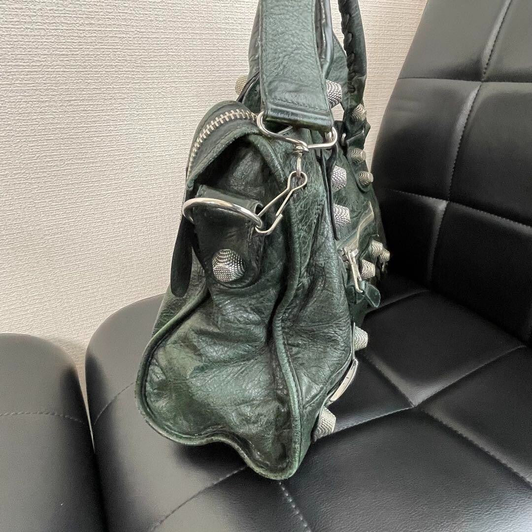 🌟 Authentic Balenciaga Giant City 2Way Handbag Shoulder Green Leather & Silver w/strap Pre-owned 🌟