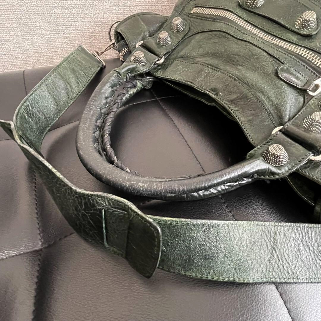 🌟 Authentic Balenciaga Giant City 2Way Handbag Shoulder Green Leather & Silver w/strap Pre-owned 🌟