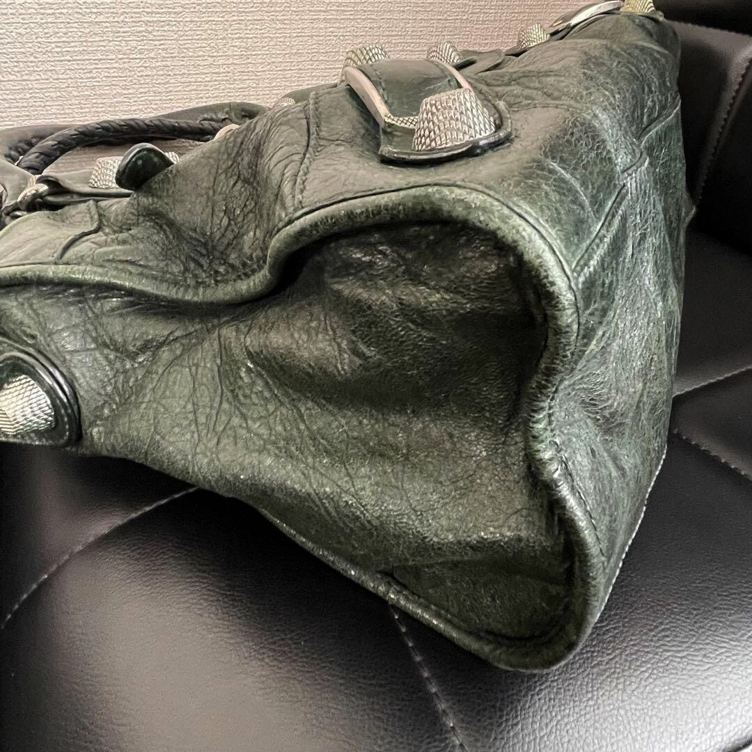 🌟 Authentic Balenciaga Giant City 2Way Handbag Shoulder Green Leather & Silver w/strap Pre-owned 🌟