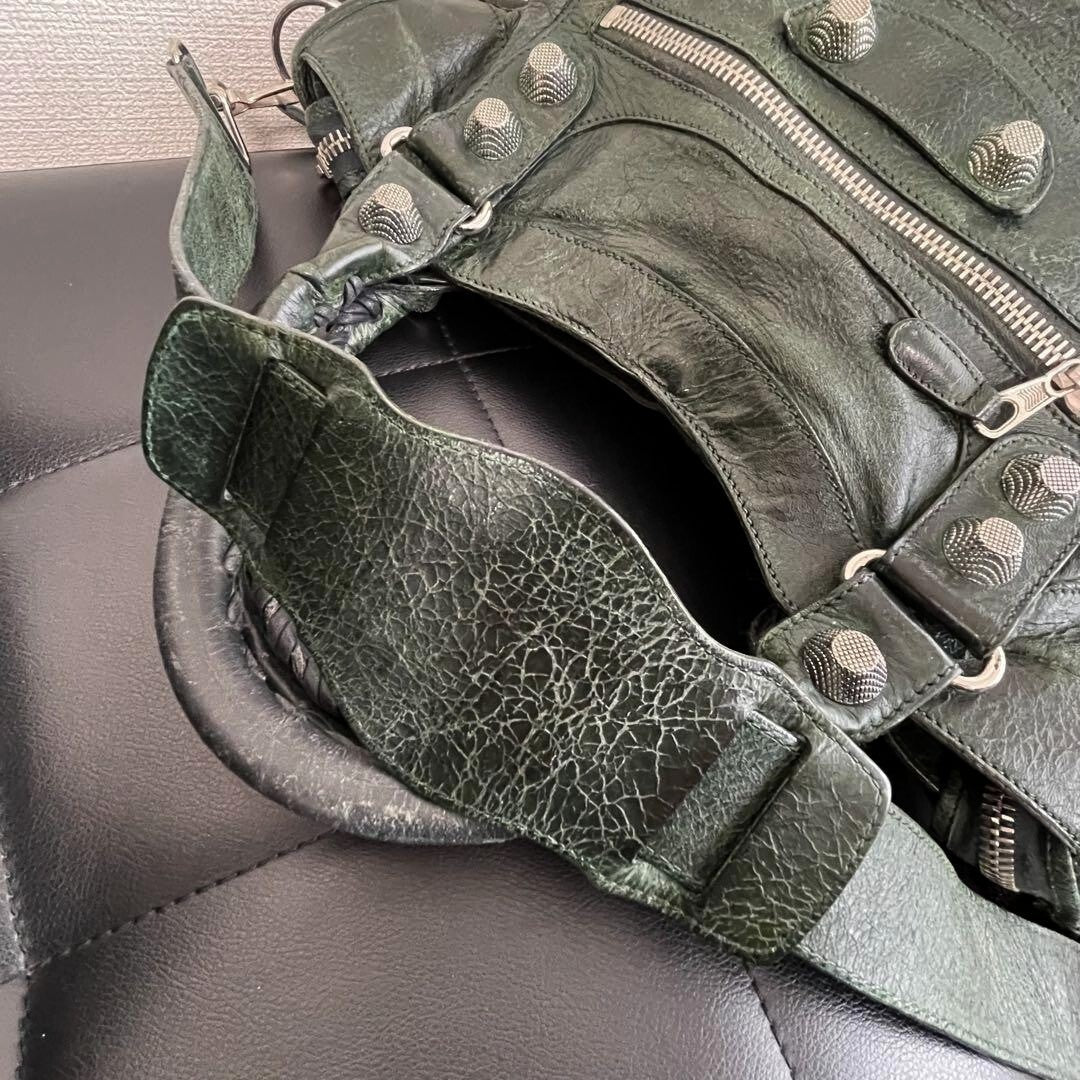 🌟 Authentic Balenciaga Giant City 2Way Handbag Shoulder Green Leather & Silver w/strap Pre-owned 🌟