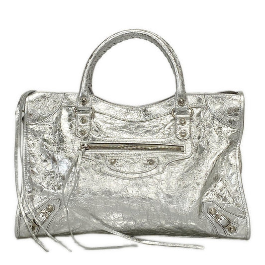 🌟 Authentic BALENCIAGA Le City Medium 797786 Silver Arena Lambskin - Handbag Pre-owned 🌟